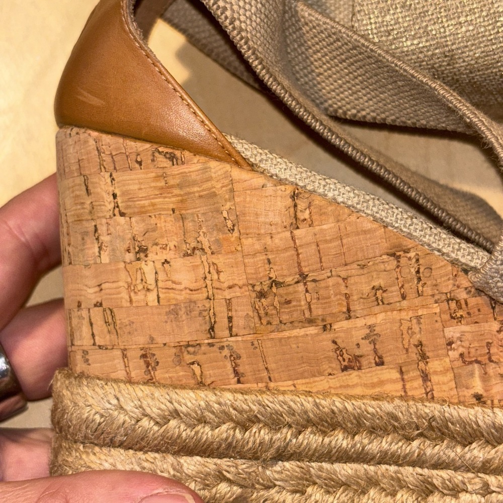 Tory Burch Natanya Espadrille Wedges Women Sz 7 Beige Linen Cork Sandal Spain - Picture 11 of 12